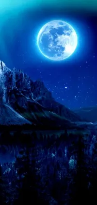 Looking for a mesmerizing phone live wallpaper? Check out this image featuring a full moon in a mountainous backdrop, created with an epic cold blue lighting effect