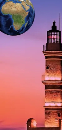This phone live wallpaper features a stunning lighthouse with Earth in front of it
