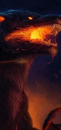 Get ready for a thrilling phone live wallpaper! This stunning illustration features a close-up view of a monster with fierce flames spewing out of its mouth, backed up by silhouettes of wolves in the background