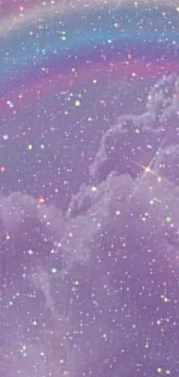 This live phone wallpaper features a digital art depiction of a vibrant rainbow in the sky, complimented by holographic effects and pretty space stars set on a purple and pearlescent background