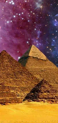 This live phone wallpaper showcases the majestic Great Pyramids of Giza against a futuristic Afrofuturistic cityscape, complete with towering skyscrapers and space vessels