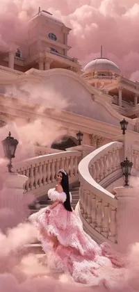 This lively phone wallpaper showcases a stunning woman in a pink dress sitting on a staircase