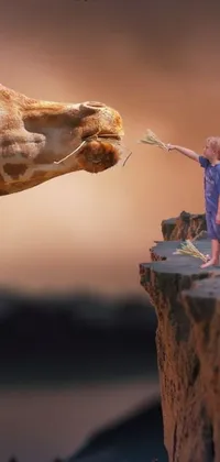 This lively phone live wallpaper captures a fabulous up-close snap of a giraffe feeding while a child gazes in amazement