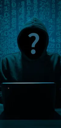 This captivating live phone wallpaper depicts a person facing a laptop with a question mark on it, while a computer rendering and crime photos add to the enigmatic ambiance