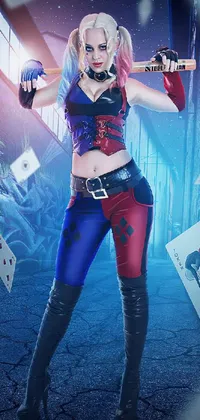 This rotating live wallpaper features a playful woman dressed in a Harley costume with blue accents, holding a bat
