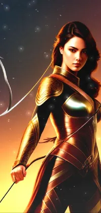 This stunning digital rendering of a female superhero in sleek gold armor comes to life in a dynamic phone live wallpaper