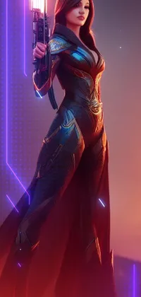 This live wallpaper features a confident, powerful woman in a long gown holding a glowing light saber