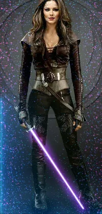 This dynamic phone live wallpaper features a fierce woman wearing leather clothing and holding a purple light saber