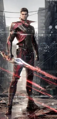 This cyberpunk live wallpaper features a man with a sword in a futuristic street setting with neon lights and towering skyscrapers