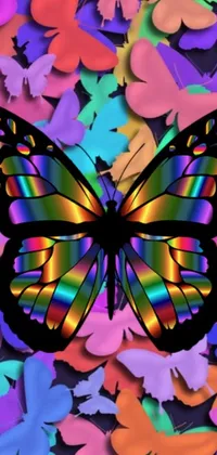 This phone live wallpaper features a colorful butterfly amidst a pile of butterflies
