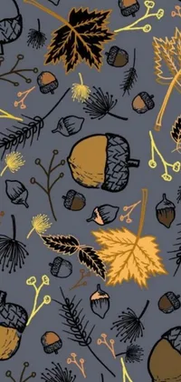 This trendy live phone wallpaper features an intricate pattern of leaves and acorns against a gray background, perfect for nature and folk art enthusiasts