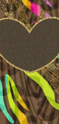 This live wallpaper features a heart symbol on a zebra print background with gold and green accents, designed for iPhone backgrounds