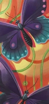This phone live wallpaper displays an intricate painting of fluttering purple butterflies on an eye-catching orange background
