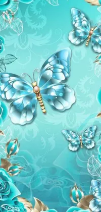 This phone live wallpaper boasts an intricate digital art design from DeviantArt, featuring blue roses, butterflies and crystals against a serene blue background