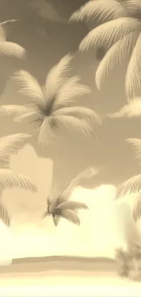This stunning live wallpaper showcases a group of intricately designed palm trees situated on a pristine sandy beach