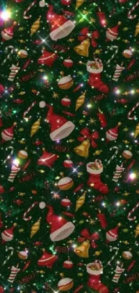 This live phone wallpaper features a digital rendering of a Christmas tree with lots of colorful ornaments, candy canes, and a Santa Claus hat amidst fireflies that dance around the scene