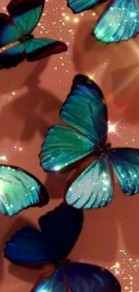 This blue butterfly phone live wallpaper is a beautiful digital artwork by Mandy Jurgens, featuring a group of vivid butterflies sitting atop a wooden table