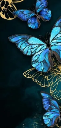 Transform your phone screen with a breathtaking live wallpaper featuring a gorgeous group of blue butterflies fluttering against a black backdrop