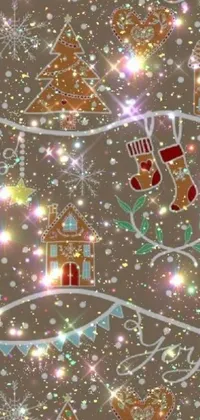 Add some Christmas cheer to your phone with this seamless live wallpaper featuring gingerbread houses, stockings, and whimsical patterns