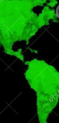 This live wallpaper showcases a green world map on a sleek black background