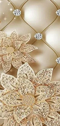 This mobile live wallpaper features a digital art design of two intricately detailed gold flowers effortlessly placed on a bed of beige colors