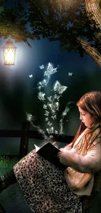 This charming live wallpaper showcases an enchanting scene of a little girl cozy in a tree engrossed in a book with butterfly lighting
