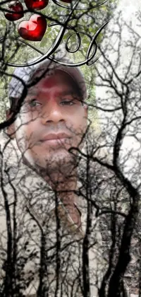 This live phone wallpaper shows a man standing in front of a tree in a corrupted forest