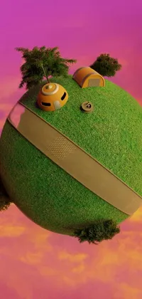 This green ball phone live wallpaper showcases a charming little tree growing on top, surrounded by a cute robot figure with grass hair
