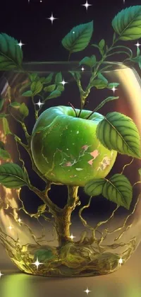 This phone live wallpaper showcases a stunning glass vase containing a fresh green apple, which bobs up and down on the water