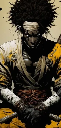 This phone live wallpaper features a powerful character portrait in Afro Samurai manga style