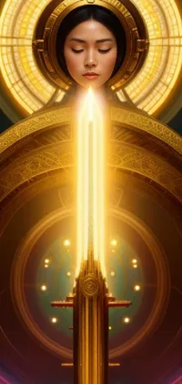 This digital live wallpaper depicts a powerful woman standing in front of a clock, complete with holy light rays and a golden sword