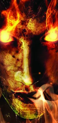This live wallpaper features a close-up image of a fiery face with glowing yellow eyes