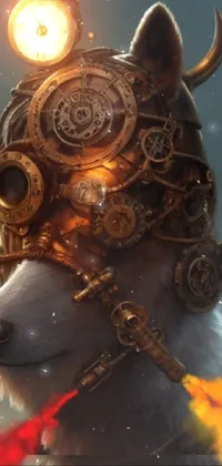 This stunning live wallpaper features a close-up of a helmeted dog with a furry steampunk design