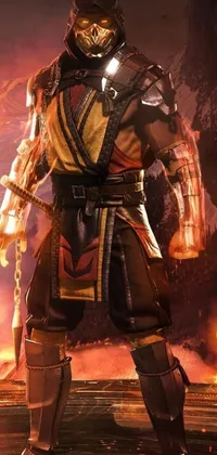 This stunning live wallpaper portrays a legendary warrior standing in front of a blazing fire