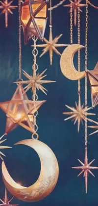 This live wallpaper offers a stunning display of celestial elements, including stars and crescents hanging from chains