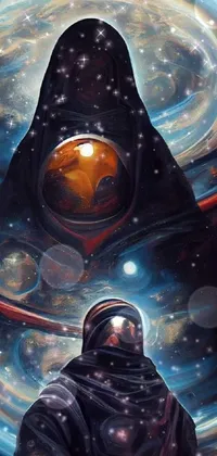 This phone live wallpaper depicts a surreal painting of a man gazing up at a space station, surrounded by vivid colors and intricate details