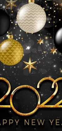 This live wallpaper features a black and gold "Happy New Year" card by Julia Pishtar in vibrant digital art