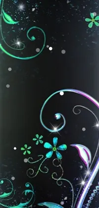 This phone live wallpaper features a stunning digital floral design in blue and green on a sleek black background