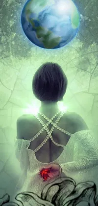Get lost in the beauty of our stunning phone live wallpaper - a mesmerizing depiction of a woman in a white dress gazing out at the earth with a green glow illuminating her back and a beaded cross resting on her chest