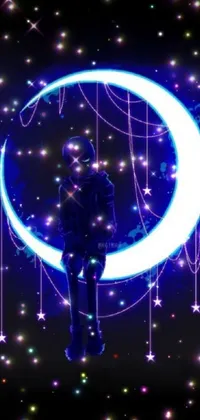 This phone wallpaper showcases a mesmerizing digital art image of a man chilling on a bright moon surrounded by twinkling stars
