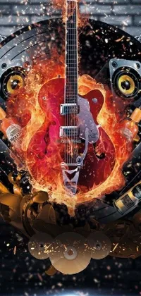 This live wallpaper for your phone displays a fiery guitar in front of a tough brick wall with an explosion in the background