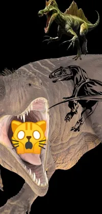 This fun and playful live wallpaper for your phone features a cute cat riding on the back of an animated dinosaur with a hippopotamus face
