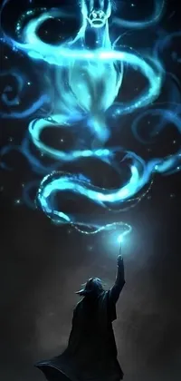 This phone live wallpaper showcases a stunning digital painting of a deer, complemented by a magical display of whirling blue smoke and dazzling glowing lights