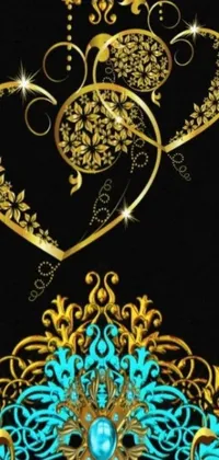 This stunning phone live wallpaper features a beautiful black background adorned with a golden frame and two intricately designed hearts in shades of blue, yellow and black