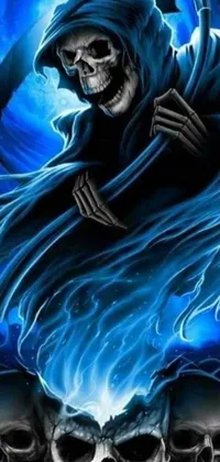 This spooky phone live wallpaper features a digital art painting of a skeleton holding a scythe, set against an eerie backdrop of blue flames and dark clouds