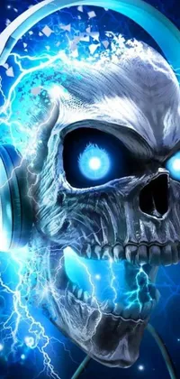 This android mystic live wallpaper features a blue metal skull with glowing eyes and headphones