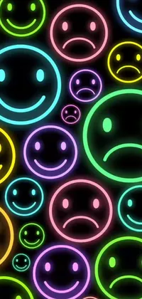 This lively phone wallpaper features a myriad of colorful smiley faces set against a dark black background