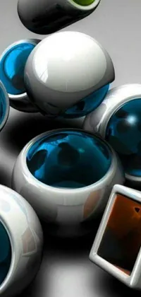 This live wallpaper features a group of blue and white spheres arranged in a stack