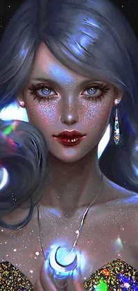 This phone live wallpaper is a digital rendition of a woman with striking blue hair, depicted in a jeweled crown and surrounded by twinkling, animated stars