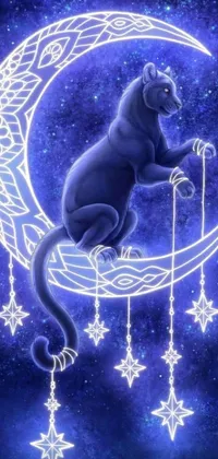 This live phone wallpaper showcases a digital rendering of a black cat on a crescent moon, surrounded by magical stars, inspired by the power of pumas